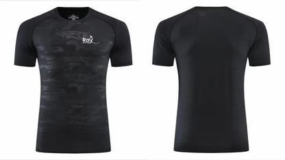 Black short sleeve flight shirt with AeroRoy logo – front view